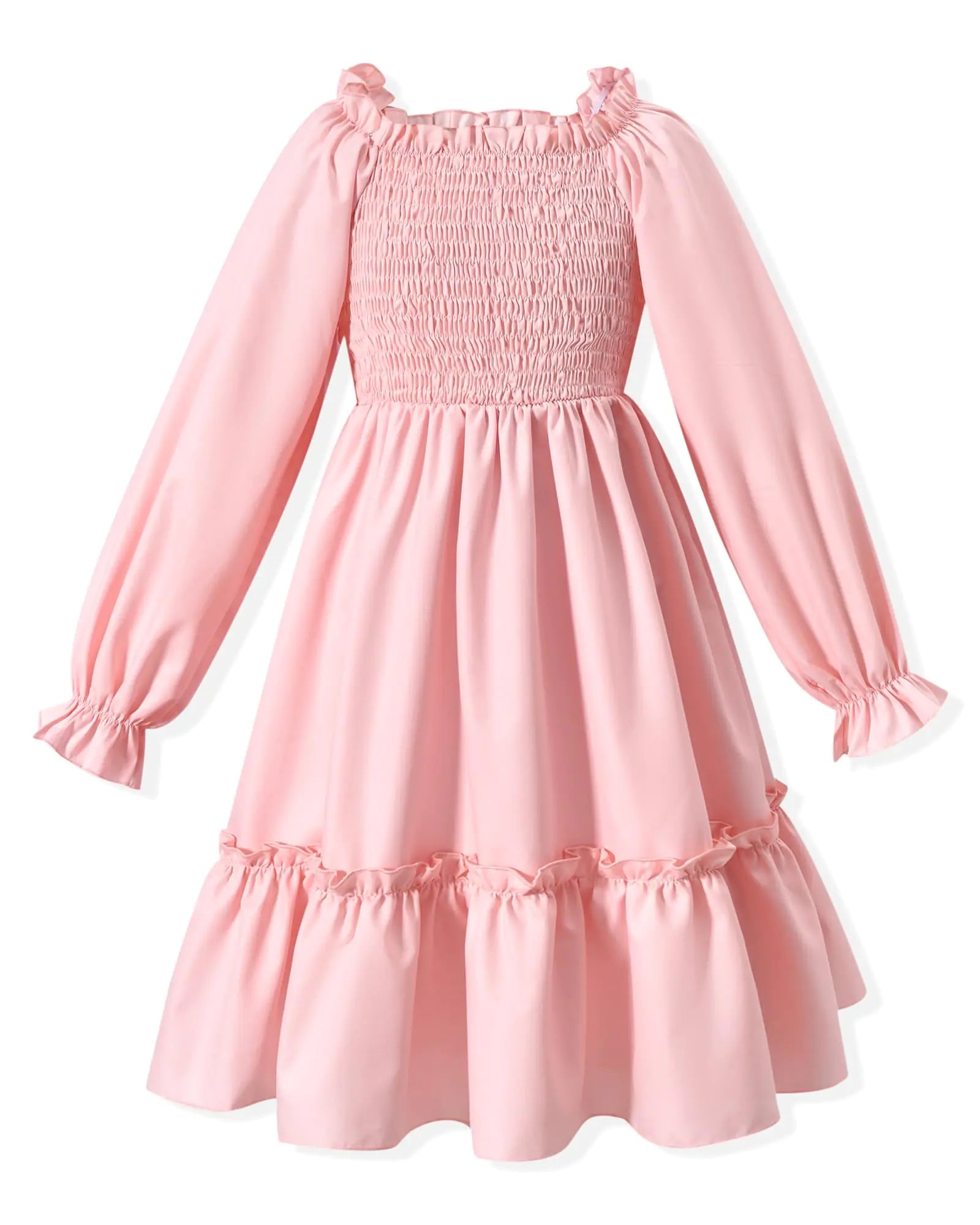 6X Girl Clothes Little Girls Dress Long Sleeve Smocked Ruffle Sundress Casual Midi Dresses for Fall Winter Spring Size 6-7 Pink