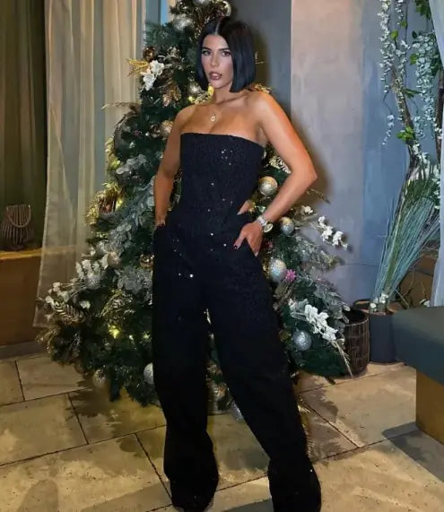 Denim Sequined Tube Top Pants Suit