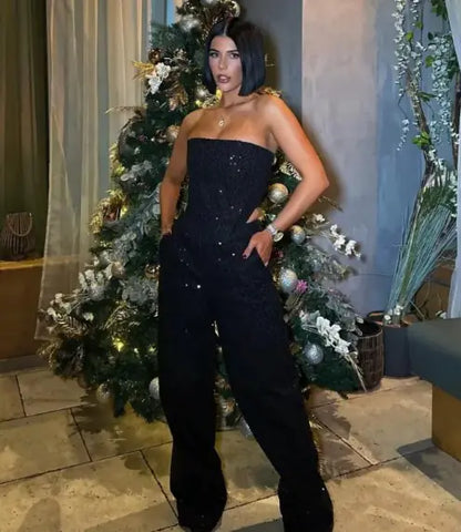 Denim Sequined Tube Top Pants Suit