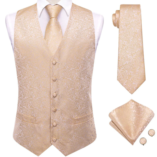 Hi-Tie Mens Suit Vest Tie set Classic Waistcoat and Necktie Handkerchief Cufflinks Suit Wedding PartyChampangeLarge