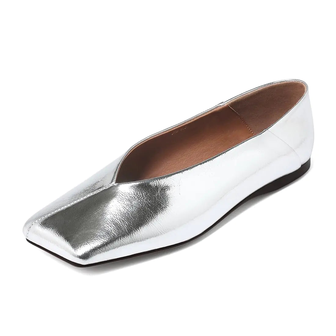 Pomoxikn Silver Patent Leather Ballet Flats for Women Fashionable Square Toe Ballet Flats for Women Loafer Shoes for Women Nude Dress Shoes.-6
