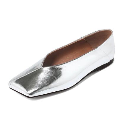Pomoxikn Silver Patent Leather Ballet Flats for Women Fashionable Square Toe Ballet Flats for Women Loafer Shoes for Women Nude Dress Shoes.-6