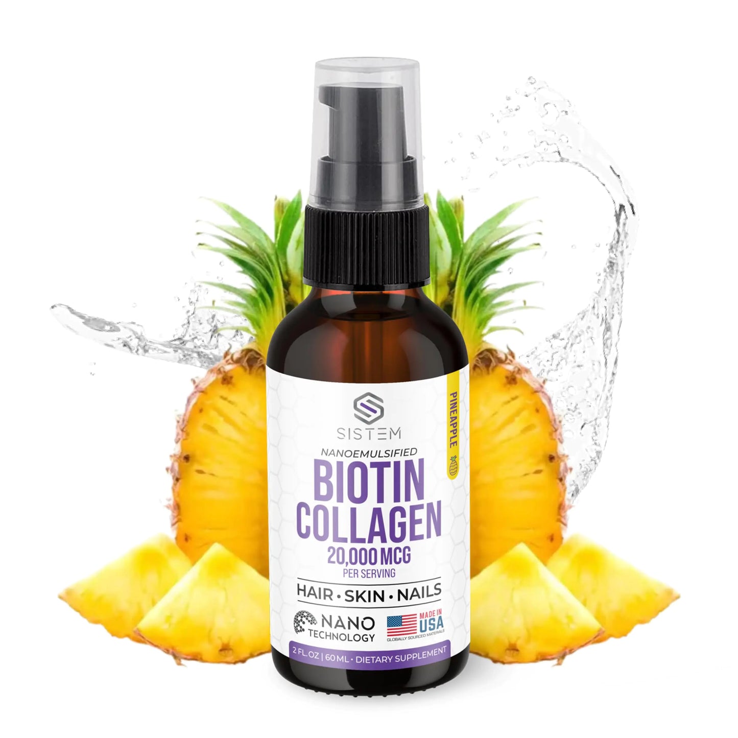 Sistem Extra Strength Liquid Biotin & Collagen Hair Skin and Nails Vitamins Joint Support Supplement Liquid Collagen for Women Pineapple Flavor