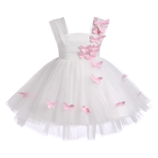 Infant Wedding Dress Girl Butterfly Dress Baby First Birthday Party Dresses Kids Flower Girl Bridesmaid High Low Tulle Tutu Princess Sleeveless Formal Pageant Evening Dance Ball Gown White 5-6 Years
