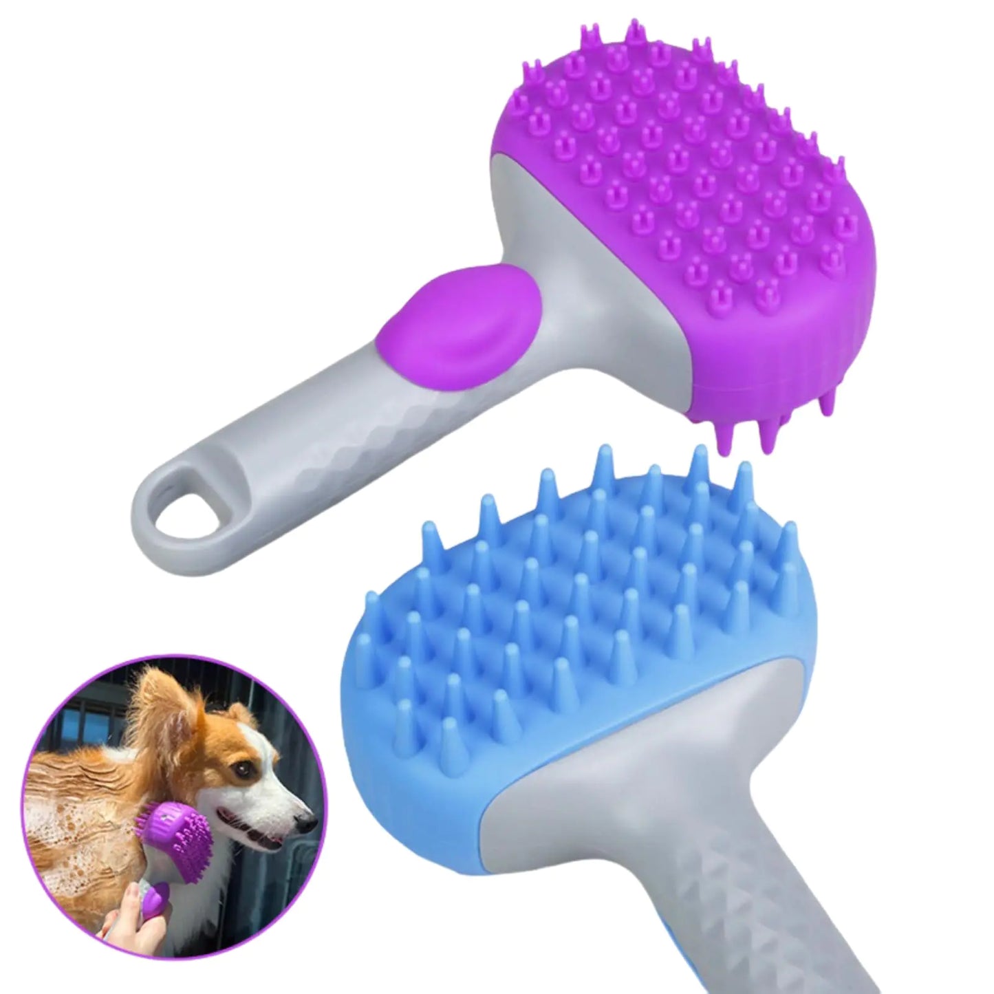 QMEAKMONY Dog Bath Brush Dog Shampoo Brush Dog Scrubber for Bath with Soap Dispenser Soft Bristles Deep Cleaning Ergonomic Handle for Grooming Shedding and Long Short Haired Dogs (Blue Purple)