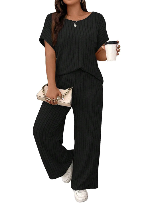 Floerns Womens Plus Size Short Sleeve Tee Shirt Wide Leg Pants 2 Piece Tracksuit Black 1XL