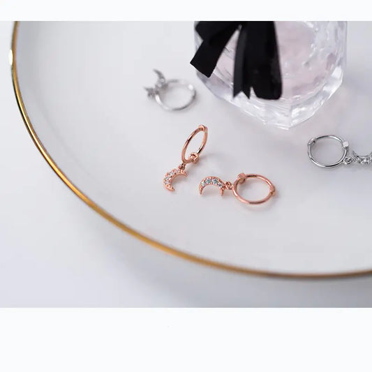 S925 Silver Moon Curve Earrings with Diamond Accents