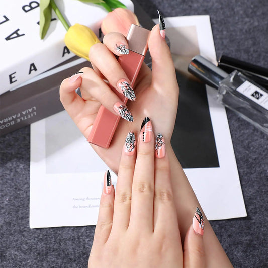 Black White Polka Dots Medium Almond Press on Nails with Graffiti Design Glossy Curve Line False Nails Gel Glue on Nails Painting Manicure Art Fake Nails Stick on Nails for Coquette Women Girls