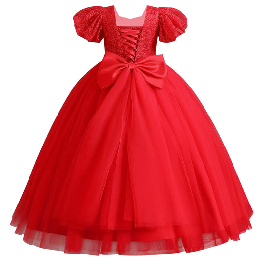 IDOPIP Flower Girl Sequin Lace-up Bowknot Dress for Kids Wedding Bridesmaid Pageant Party Formal Long Maxi Gown Big Little Princess First Communion Birthday Prom Puffy Tulle Dresses Red 5-6 Years