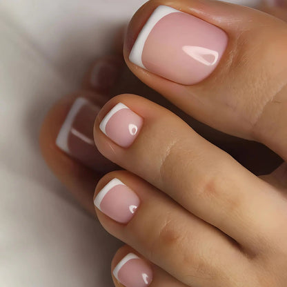 LPOODDNU French Tip Press on Toenails Short Square Pink Fake Toe Nails Summer False Toenails White French Tips Toe Nails Press ons Cute Toenails for Pedicure Decorations 24Pcs