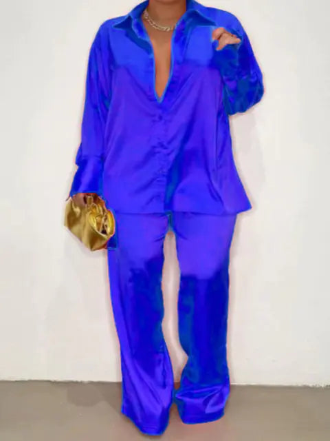 Elegant Plus Size Satin Tracksuit with Wide Leg Pants