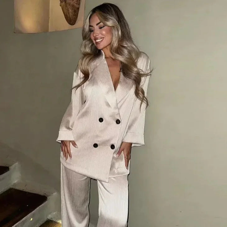 Ruffled Blazer & Casual Trousers Suit