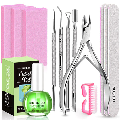Nail Files and Buffers MORGLES Nail Prep Kit with Emery Boards Cuticle Remover Tools Aloe Cuticle Oil for Manicure and Pedicure Shine Kit