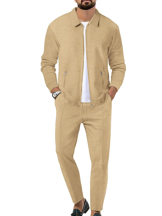 Riskrole Mens Waffle Tracksuit 2 Pieces Set Casual Long Sleeve Zip Up Sweatsuits Solid Athletic Jogging Suit Sets