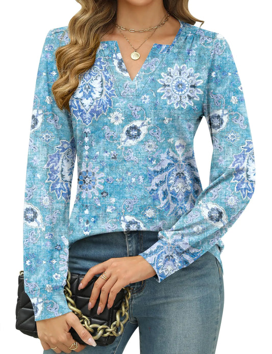 LUYAA Womens Shirts Dressy Casual Square Neck Tops Winter Long Sleeve Shirts Loose Fit(Blue Floral L)