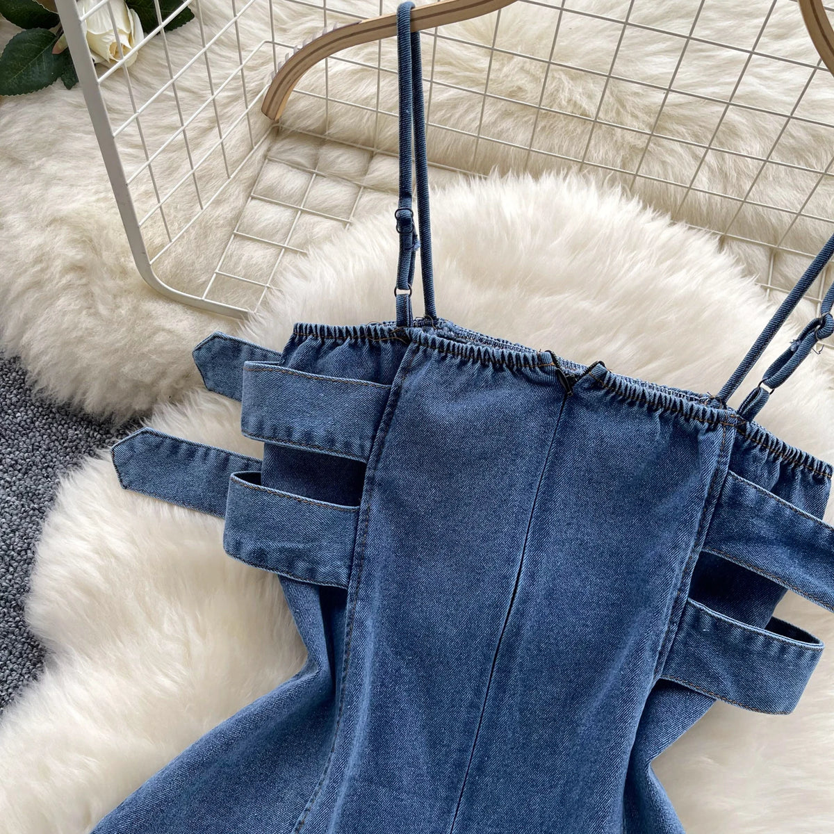 Chic sweet cow boy pleated asymmetrical slip camis Tank Tops fashion Summer cow  Women Sling crop Top