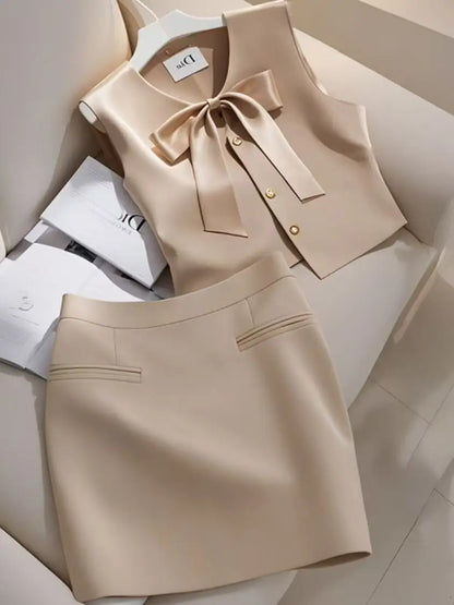 Summer New Elegant Women's Simple Outfits 2-Piece Set Fashion Bow Sleeveless Vest Top+Slim Mini Skirt High-End Office Lady Suit