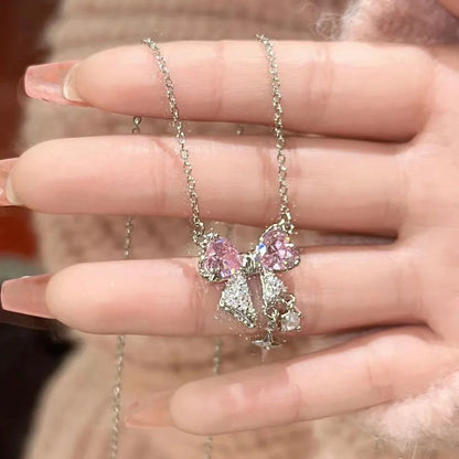2pcs Set Fashion Bowknot Necklace Rings Set Crystal Bow Knot Pendant Necklaces Adjustable Bow Rings Fairy Shiny Pink Jewelry