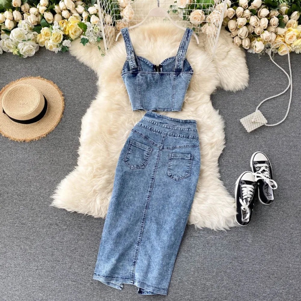 Women Denim 2 Piece Sets Sleeveless Zipper Crop Top Skirt Distressed Zipper Long Skirts Outfits Streetwear Overskirt Suit 2025
