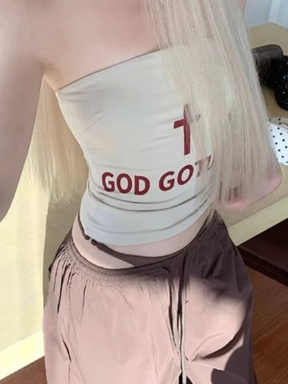 Vintage Sexy American Summer Hottie Top Women Y2k Sleeveless Letter Print Vest Fashion Strapless Cross Retro Streetwear 2025 New