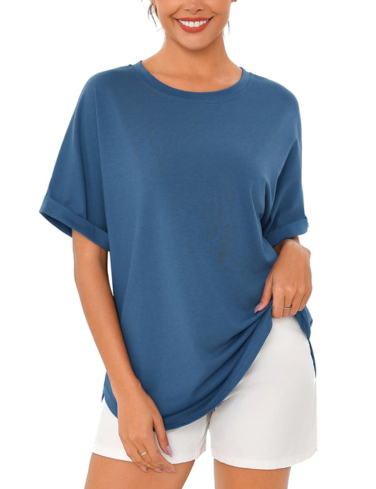 Totatuit Women Oversized T Shirts Vintage Basic Crewneck Boyfriend Tees Loose Fit Baggy Grunge Shirts Cotton Maternity Tops Blue Medium