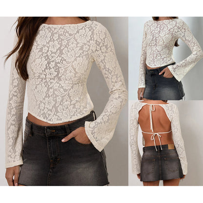 Combhasaki Women's Floral Lace Sheer See-through Blouse Tops Solid Color Elegant Bell Long Sleeve Backless Tie-up Slim Fit Shirt