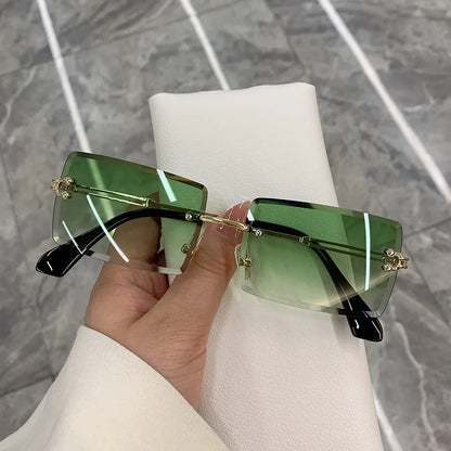 Vintage Fashion Rimless Sunglasses for Women Frameless Rectangle Shades Gradient UV400 Summer Traveling Sun Glasses for Womenn