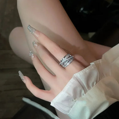Korea New Fashion Jewelry Exquisite Silver Color Zircon Ring Elegant Women's Opening Adjustable Wedding Gift Luxury Accessory
