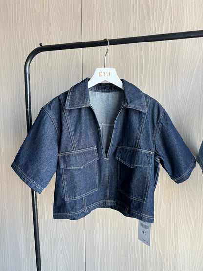Denim suit 2025 New Hottie Style women sexy V-neck loose version short denim top asymmetrical culottes