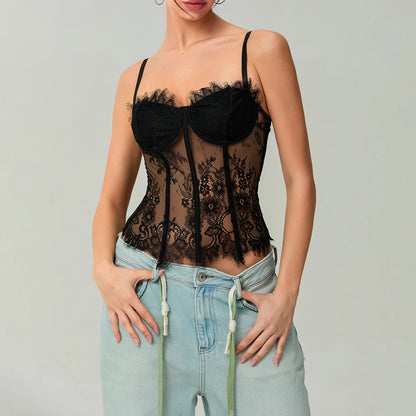 Women's Lace Corset Tops Sleeveless Camisole Bustier Mesh Floral Retro Sexy Tank Tops