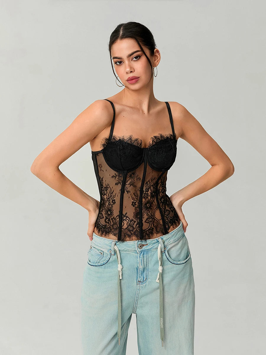 Women's Lace Corset Tops Sleeveless Camisole Bustier Mesh Floral Retro Sexy Tank Tops