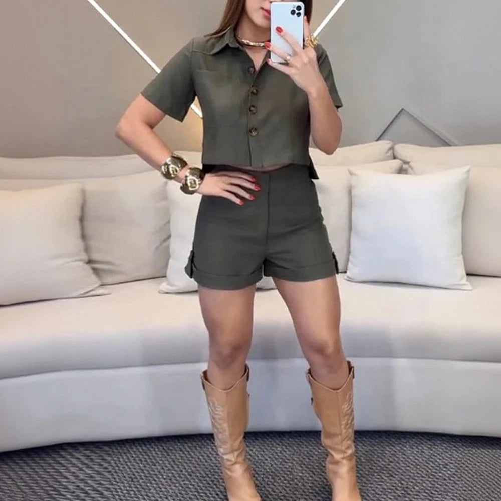 Wefads Women Shorts Suits Lapel Half Sleeve Single Breasted Shirt Wide Leg Shorts 2025 Summer New Chic Lady Green Sets