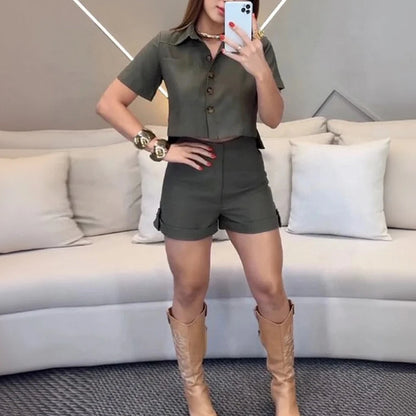 Wefads Women Shorts Suits Lapel Half Sleeve Single Breasted Shirt Wide Leg Shorts 2025 Summer New Chic Lady Green Sets