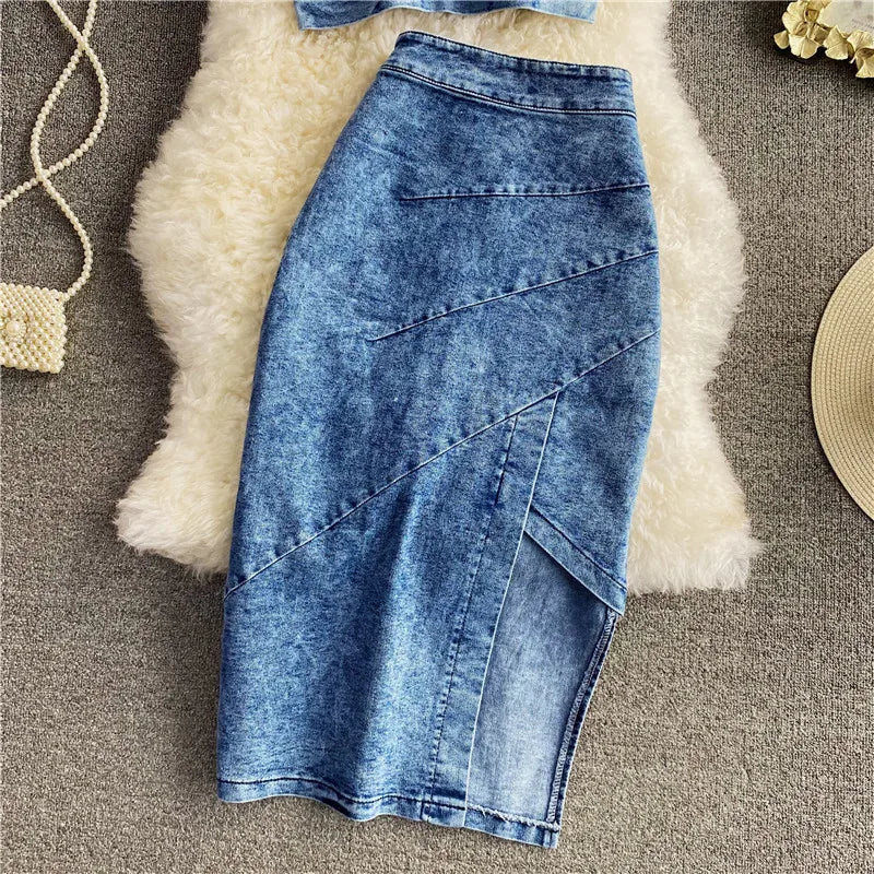 Denim Sets Women 2 Piece Suit Vest Top Skirt Outfits Sleeveless Waistcoat Irregular Long Skirts Washed Ensemble Summer 2025