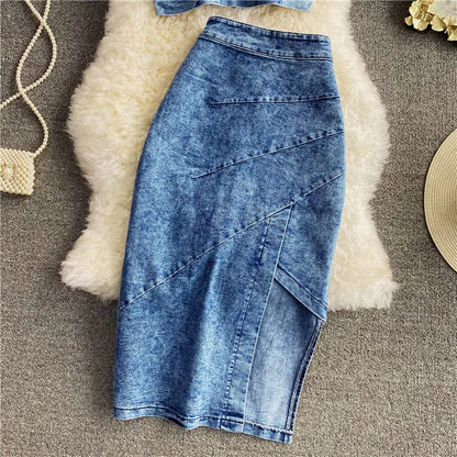 Denim Sets Women 2 Piece Suit Vest Top Skirt Outfits Sleeveless Waistcoat Irregular Long Skirts Washed Ensemble Summer 2025