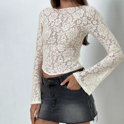 Combhasaki Women's Floral Lace Sheer See-through Blouse Tops Solid Color Elegant Bell Long Sleeve Backless Tie-up Slim Fit Shirt