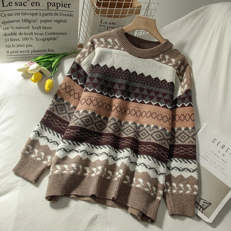 Sweater female art retro 2023 new fashion autumn and winter student Japanese diamond jacquard pullover sweater