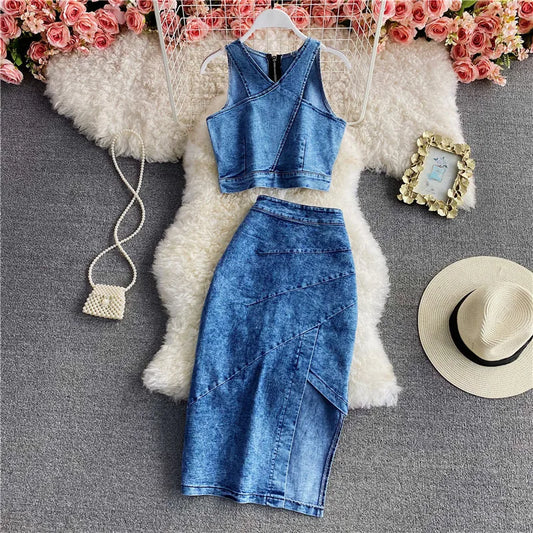 Denim Sets Women 2 Piece Suit Vest Top Skirt Outfits Sleeveless Waistcoat Irregular Long Skirts Washed Ensemble Summer 2025