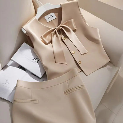 Summer New Elegant Women's Simple Outfits 2-Piece Set Fashion Bow Sleeveless Vest Top+Slim Mini Skirt High-End Office Lady Suit