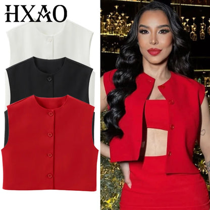 HXAO Women's Vest Summer 2025 Red White Black Outerwears Female Vest Crop Sleeveless Waistcoat Ladies Fashion Elegant Woman Tops