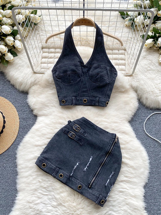 Women's Two Piece Sets Vintage Denim Crop Top with A-Line Mini Skirts Vintage Y2k Skirt Sets Outfits 2000s Fashion Clothes 2025