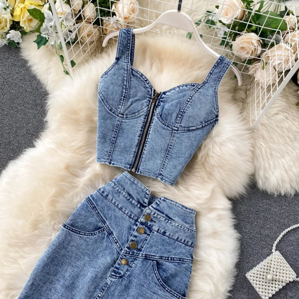 Women Denim 2 Piece Sets Sleeveless Zipper Crop Top Skirt Distressed Zipper Long Skirts Outfits Streetwear Overskirt Suit 2025