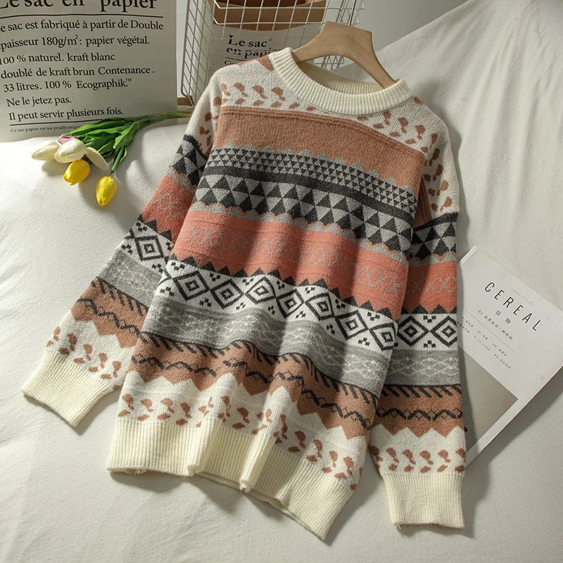Sweater female art retro 2023 new fashion autumn and winter student Japanese diamond jacquard pullover sweater