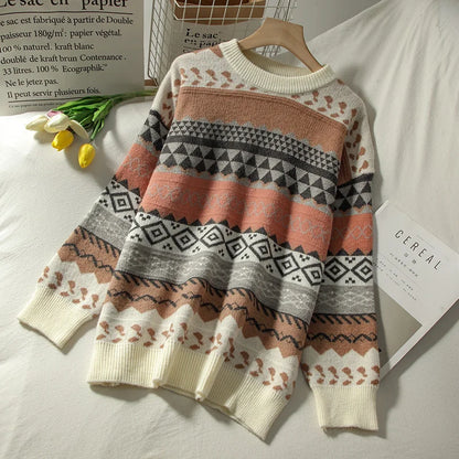 Sweater female art retro 2023 new fashion autumn and winter student Japanese diamond jacquard pullover sweater