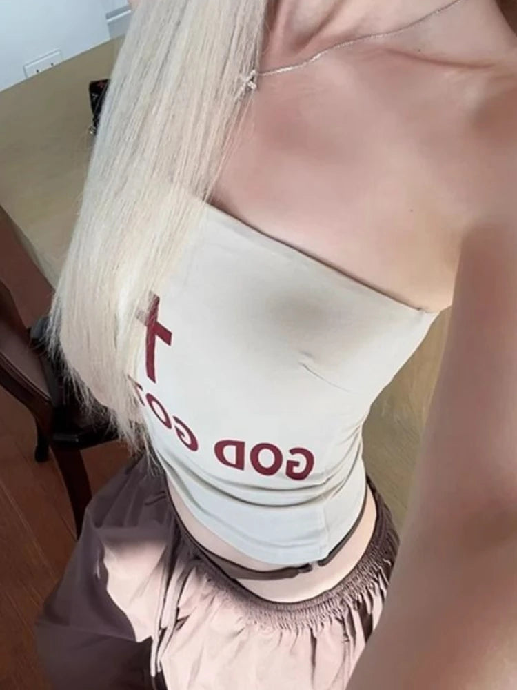 Vintage Sexy American Summer Hottie Top Women Y2k Sleeveless Letter Print Vest Fashion Strapless Cross Retro Streetwear 2025 New