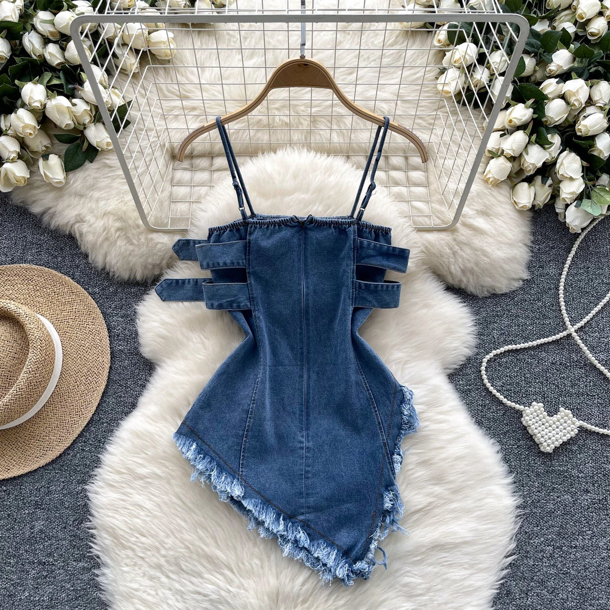 Chic sweet cow boy pleated asymmetrical slip camis Tank Tops fashion Summer cow  Women Sling crop Top