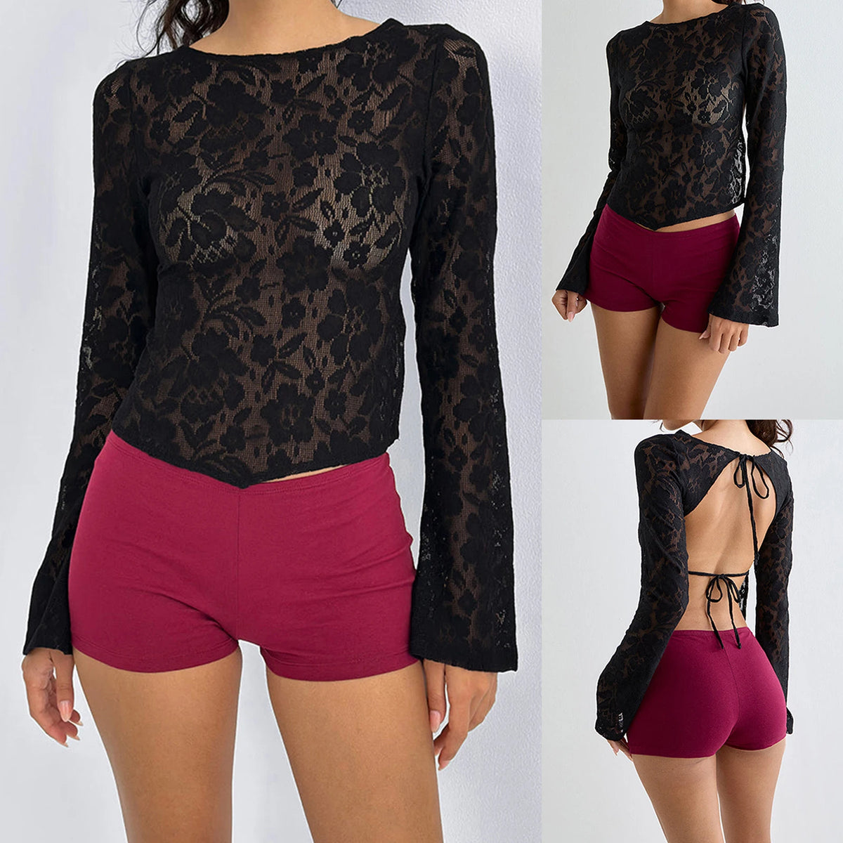 Combhasaki Women's Floral Lace Sheer See-through Blouse Tops Solid Color Elegant Bell Long Sleeve Backless Tie-up Slim Fit Shirt