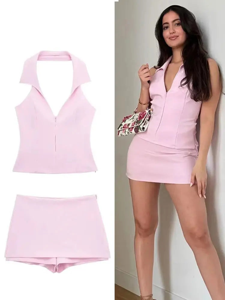 HH Women Casual Skirts Shorts Set Chic Halter Shirt Neck Backless Top & Shorts Sweet Pink Summer Sexy Shorts Sets