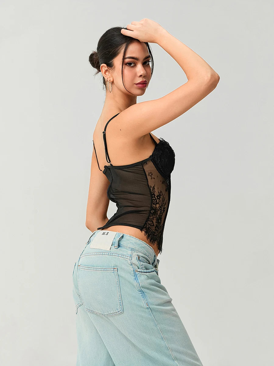 Women's Lace Corset Tops Sleeveless Camisole Bustier Mesh Floral Retro Sexy Tank Tops
