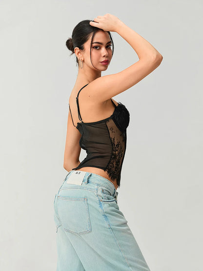 Women's Lace Corset Tops Sleeveless Camisole Bustier Mesh Floral Retro Sexy Tank Tops